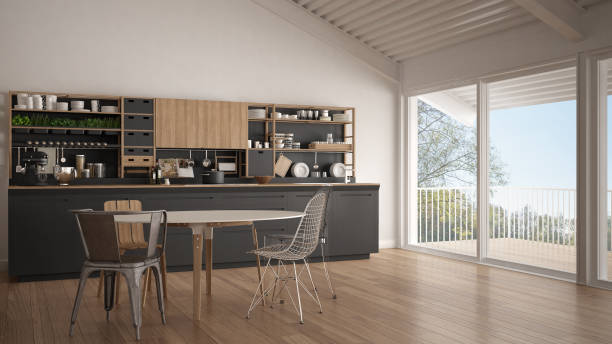 istock Minimalist white and gray wooden kitchen, big panoramic window, classic scandinavian interior design 683280388