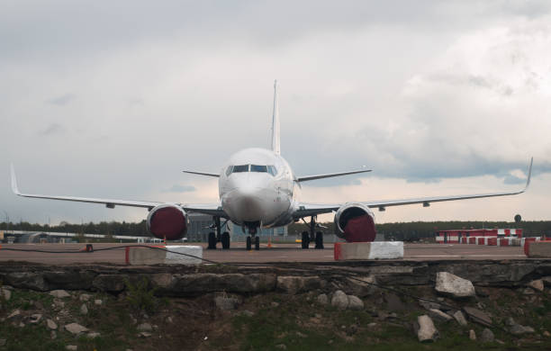 istock The plane on the background of the cloudy sky and forest, 683280794