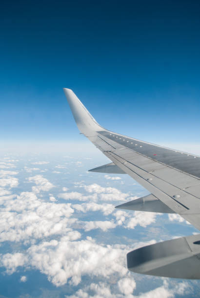 istock The wing of the plane on blue sky, 683280810