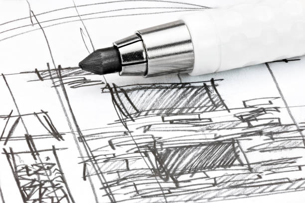 istock draft interior sketch for living room and mechanical pencil 683288176
