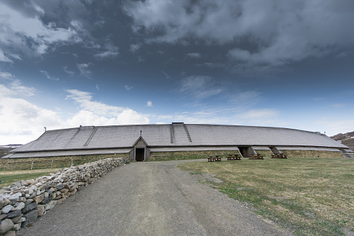 Lofoten, Norway - May 11, 2017: Reconstructed chief house at Lofotr Viking Museum in Lofoten