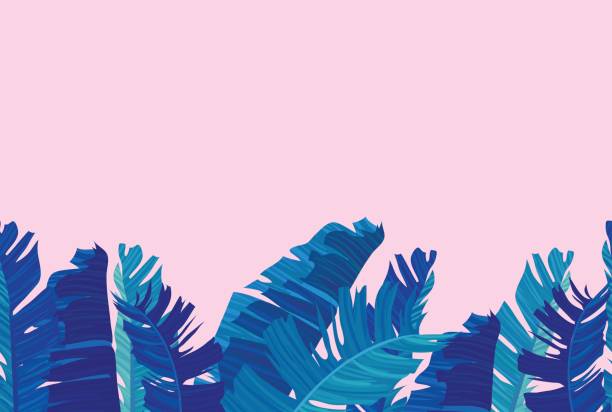 Tropical design with exotic palm leaves. Seamless border with neon colored tropical exotic palm leaves on abstract pink blue style background. Fabric, wrapping paper print. Vector illustration stock vector. banana borders stock illustrations