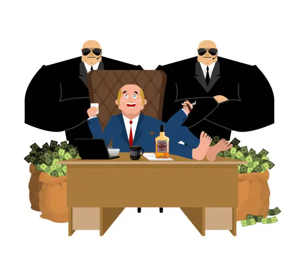 Vector illustration of Rich man sits at table and drinks whiskey. To smoke cigar. plutocrat and bag money. Big boss and security. businessman and guards. lot of cash. Office of moneybags