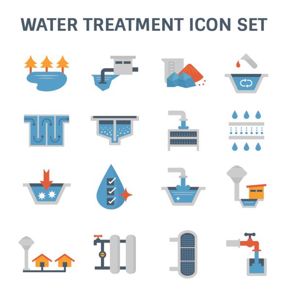 water treatment icon Water treatment system and water filter vector icon set design. drinking water illustrations stock illustrations