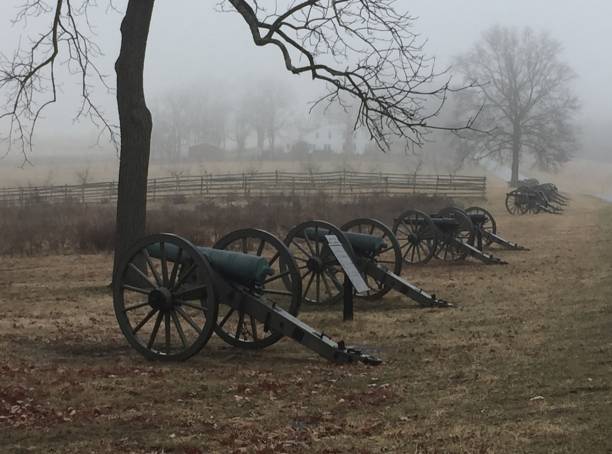 Cannons in the Mist Row of cannons on the Gettysburg Battlefield on a misty morning, edited to show cool color. gettysburg national military park stock pictures, royalty-free photos & images