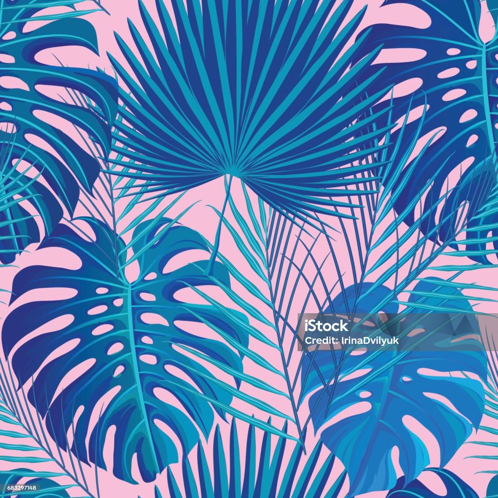 Tropical seamless pattern with exotic palm leaves. Seamless pattern with neon colored tropical exotic palm and monstera leaves on abstract pink blue style background. Fabric, wrapping paper print. Vector illustration stock vector. Tropical Pattern stock vector