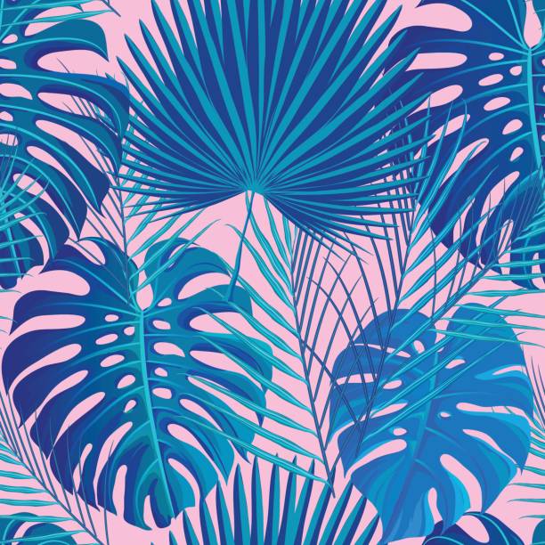 Tropical seamless pattern with exotic palm leaves. Seamless pattern with neon colored tropical exotic palm and monstera leaves on abstract pink blue style background. Fabric, wrapping paper print. Vector illustration stock vector. banana leaf stock illustrations