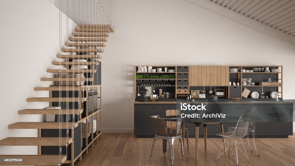 Minimalist white and gray wooden kitchen, loft with stairs, classic scandinavian interior design Kitchen Stock Photo
