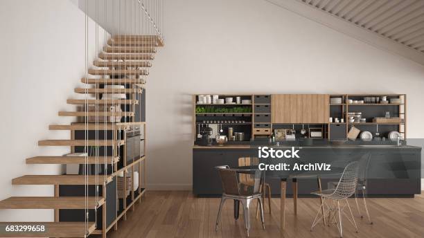 Minimalist White And Gray Wooden Kitchen Loft With Stairs Classic Scandinavian Interior Design Stock Photo - Download Image Now
