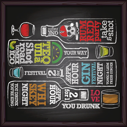 Whiskey, gin, tequila, rum alcohol hand drawing on blackboard