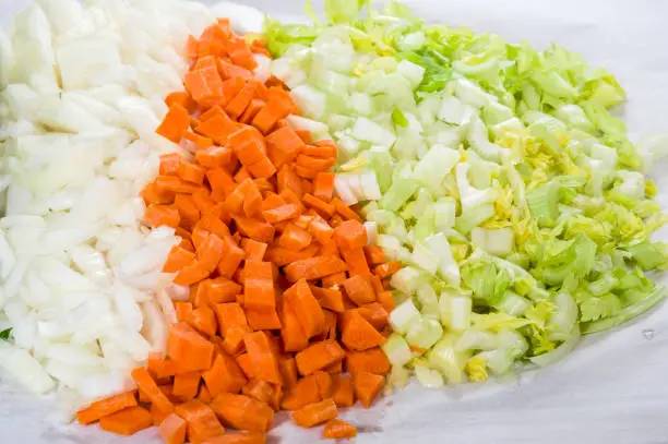 Ingredients for soup making with carrots, onions and celery chopped