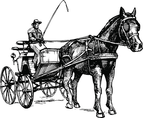 Vector hand drawn illustration of spider phaeton. Open sporty carriage drawn by one horse. Black and white, isolated on white. In vintage engraved style.