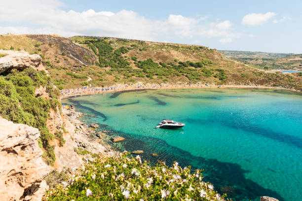 golden bay ghajn tuffieha beach auf malta - golden bay stock-fotos und bilder