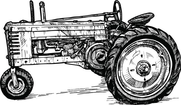 Vector drawing of tractor stylized as engraving Vector hand drawn illustration of retro threeâwheeled tractor in vintage engraved style. isolated on white background. Side view. farmer drawings stock illustrations