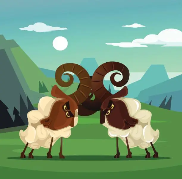 Vector illustration of Two stubborn angry ram sheep characters quarreling