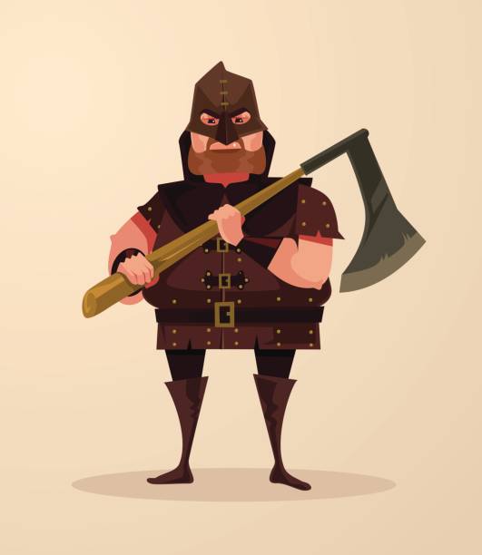 Medieval executioner angry man character hold ax Medieval executioner angry man character hold ax. Vector flat cartoon illustration executioner stock illustrations
