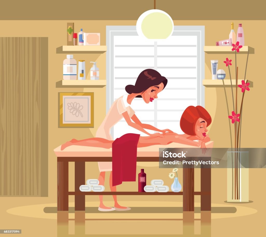 Massage therapist professional woman character doing exotic massage to happy smiling woman Massage therapist professional woman character doing exotic massage to happy smiling woman. Vector flat cartoon illustration Massaging stock vector
