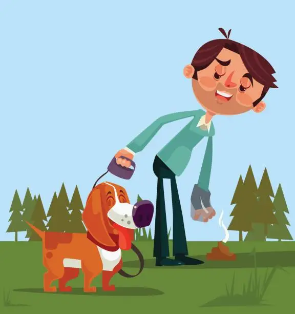 Vector illustration of Happy smiling man owner character clean up after his dog