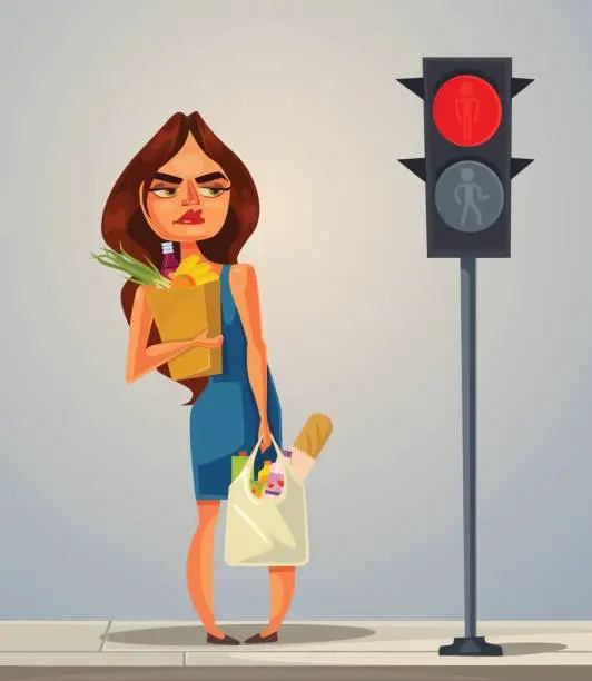 Vector illustration of Angry nerves hurrying late woman is waiting for green color traffic light