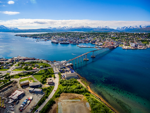 Bridge of city Tromso, Norway aerial photography. Tromso is considered the northernmost city in the world with a population above