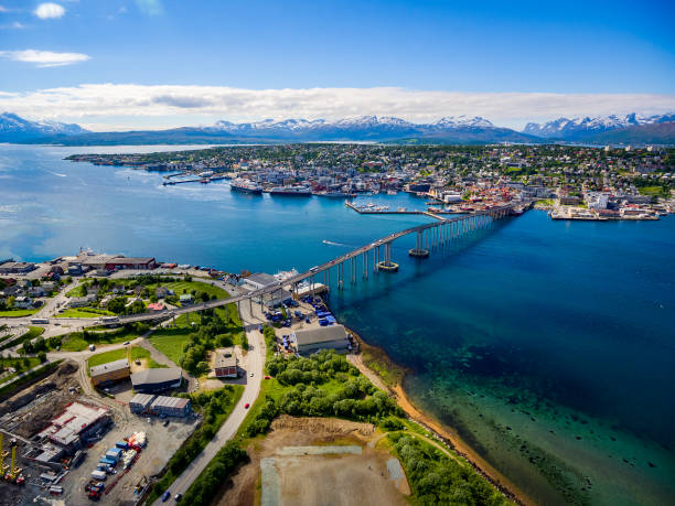 Bridge of city Tromso, Norway Bridge of city Tromso, Norway aerial photography. Tromso is considered the northernmost city in the world with a population above tromso stock pictures, royalty-free photos & images