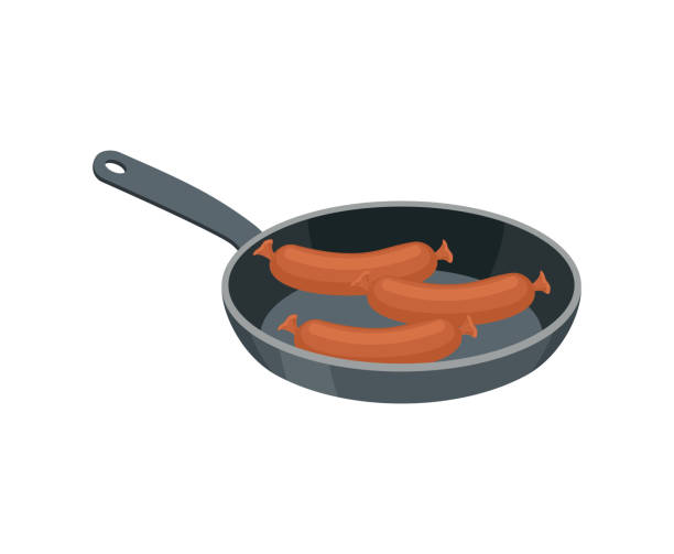 ilustraciones, imágenes clip art, dibujos animados e iconos de stock de salchichas en la sartén para freír. delicadeza de la carne. alimento aislado - lunch sausage breakfast bratwurst