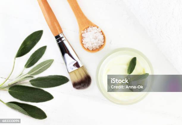 Herbal Botanical Facial Mask With Salvia Ingredients For Home Spa Top View Stock Photo - Download Image Now