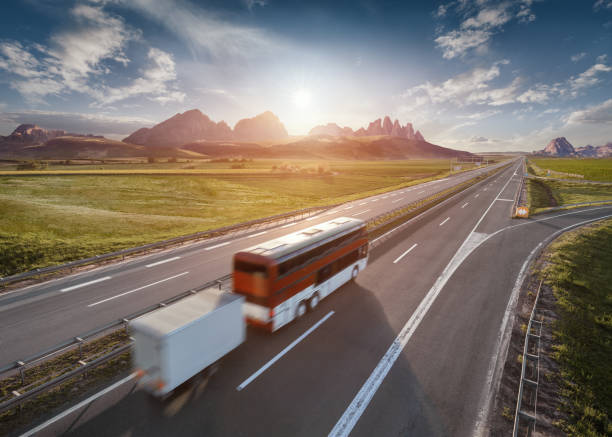 istock Single bus on highway at idyllic sunny morning 683333168