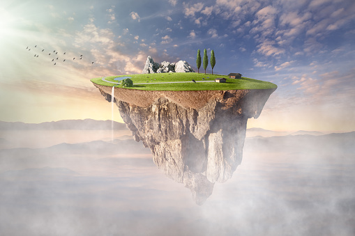 Fantasy island with idyllic landscape levitating in the air at sunny morning. Ecology concept.