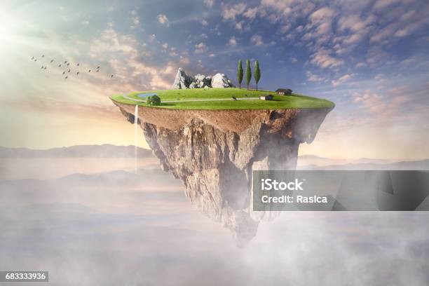 Surreal Floating Island With Beautiful Scenery Stock Photo - Download Image Now - Levitation, Fantasy, Globe - Navigational Equipment