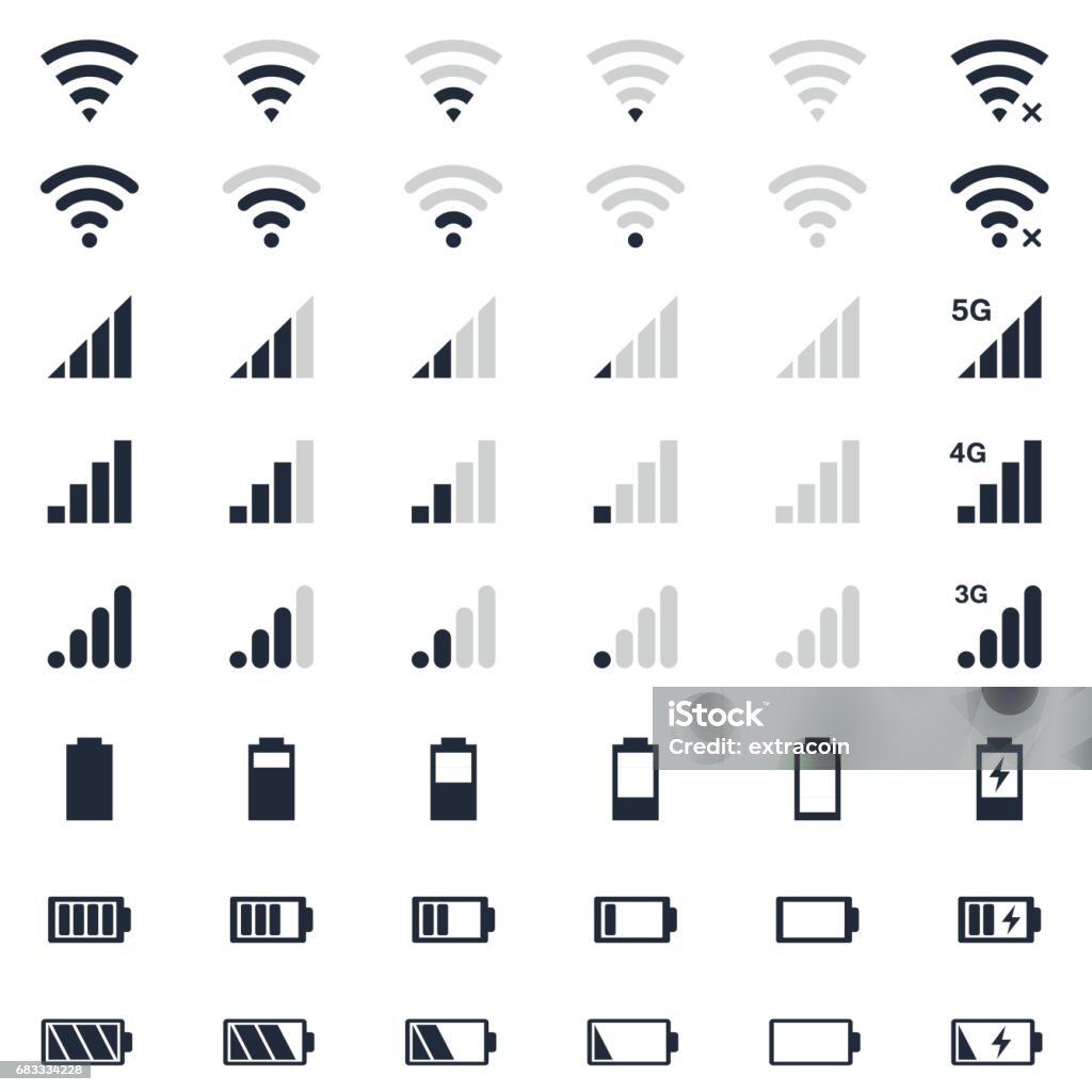 icônes interface mobiles, charge batterie, signal wi-fi, ensemble d’icônes niveau signal mobile - clipart vectoriel de Icône libre de droits