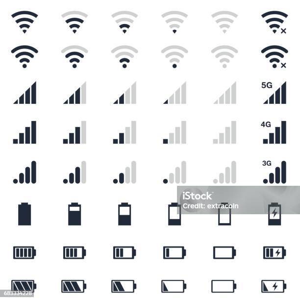 Icônes Interface Mobiles Charge Batterie Signal Wifi Ensemble Dicônes Niveau Signal Mobile Vecteurs libres de droits et plus d'images vectorielles de Icône