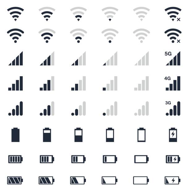 ilustrações, clipart, desenhos animados e ícones de ícones de tiago móveis, carga da bateria, sinal wi-fi, conjunto de ícones de nível de sinal de celular - bluetooth