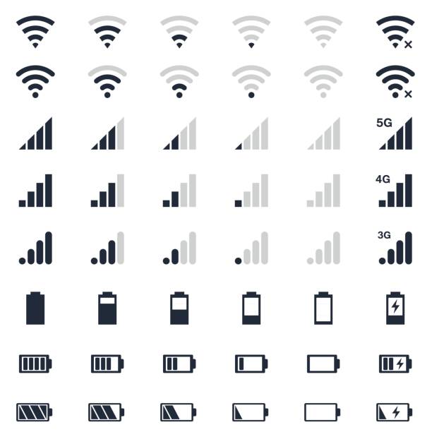 мобильные межкаце иконки, заряд батареи, wi-fi сигнал, мобильный уровень сигнала иконки набор - status symbol stock illustrations