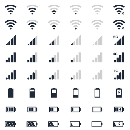 battery energy icon, wi-fi signal, mobile signal level icons set