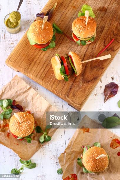 Mini Pesto Burger Sliders Stock Photo - Download Image Now - Slider - Burger, Burger, Sliding