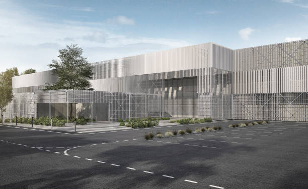 istock 3d rendering white modern industrial metal and steel structure building with tree and blue sky 683343958