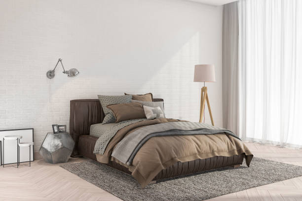 istock 3d rendering minimal retro bedroom with lamp near brick wall and white curtain 683343968