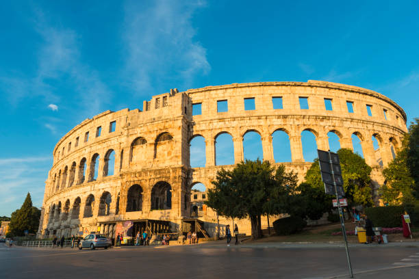 Architecture details of Roman amphitheater in Pula, Croatia. Ancient Roman aqueduct in Pula, Croatia
