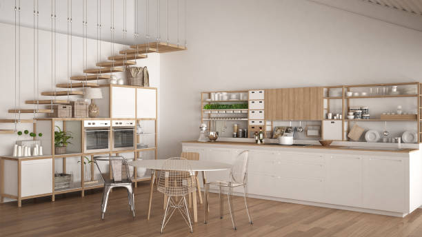 istock Minimalist white wooden kitchen, loft with stairs, classic scandinavian interior design 683349270