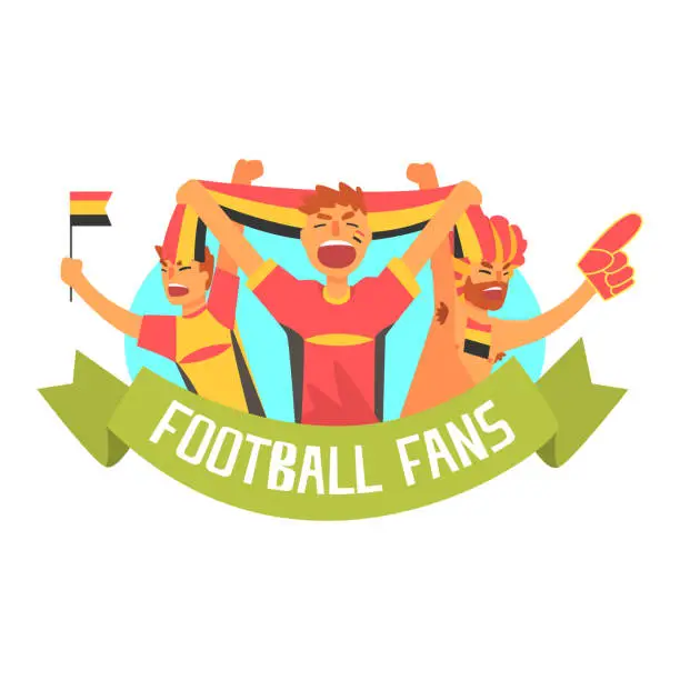 Vector illustration of Cheering Happy Supporting Crowd Of German Football Spots Team Fans And Devotees With Banners And Attributes