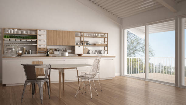 istock Minimalist white wooden kitchen, big panoramic window, classic scandinavian interior design 683350168