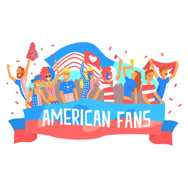 Vector illustration of Cheering Happy Supporting Crowd Of National American Football Spots Team Fans And Devotees With Banners And Attributes