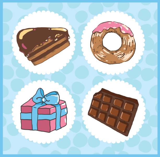 Set of icons of sweets with chocolate cake, donut, chocolate and vector art illustration