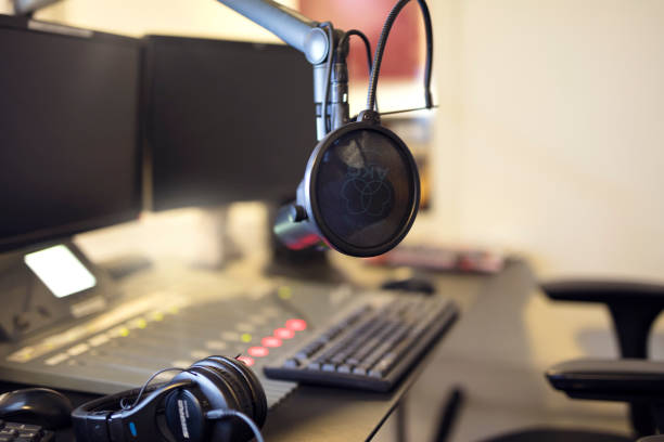 istock Microphone in radio station broadcasting studio in the morning 683359946
