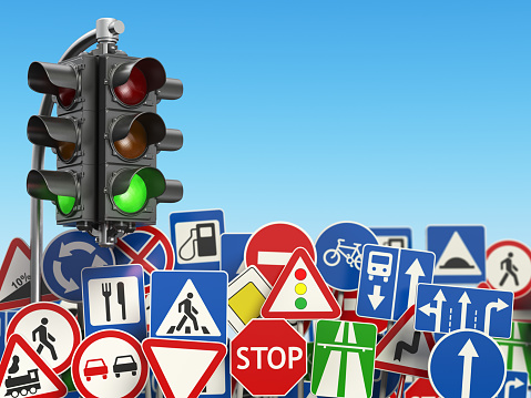 Traffic signs with traffic lights on the sky background. 3d illustration
