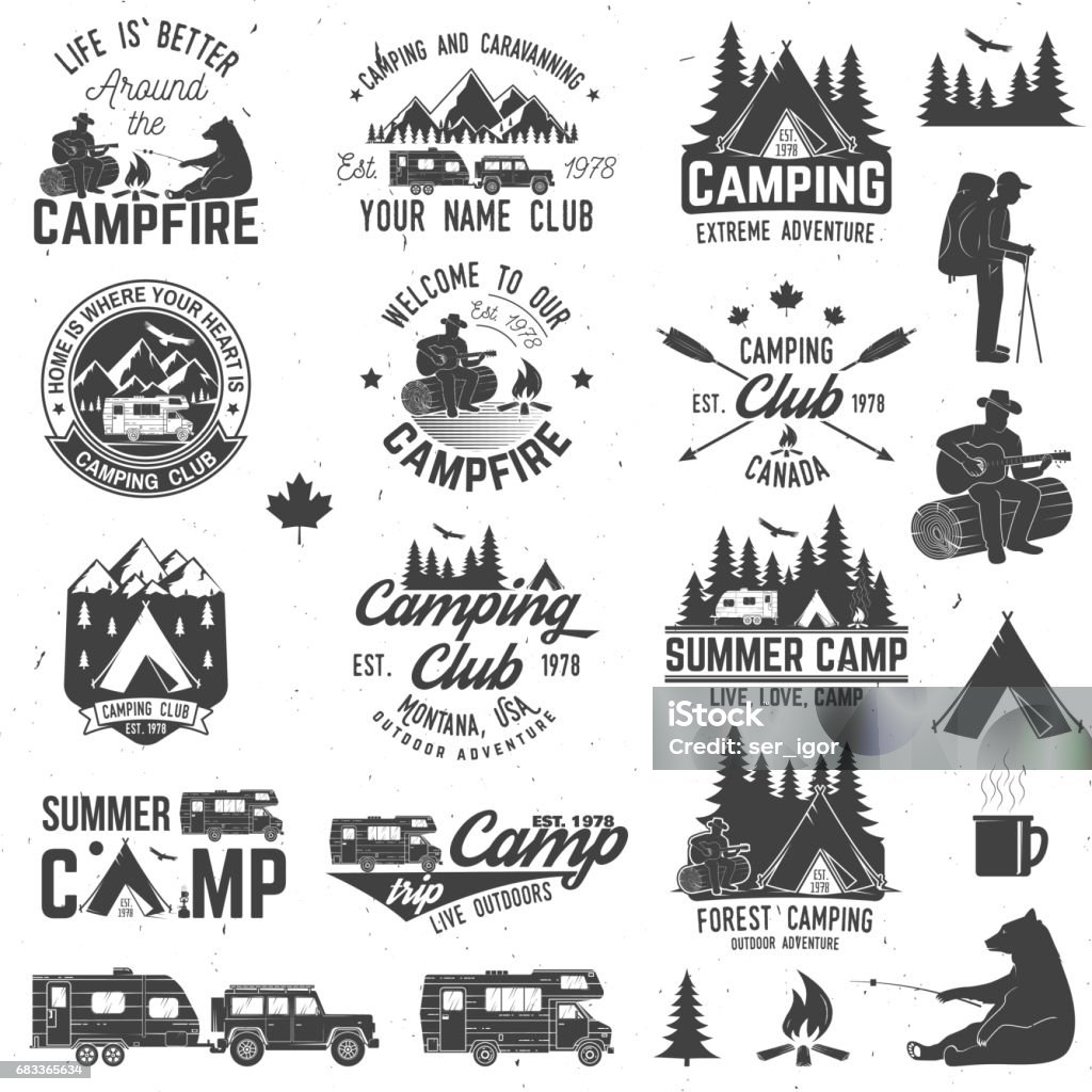 Summer camp. Vector illustration. Concept for shirt or logo, print, stamp or tee Summer camp with design elements. Vector illustration. Concept for shirt or logo, print, stamp or tee. Vintage typography design with rv trailer, camping tent, man with guitar and forest silhouette. Camping stock vector