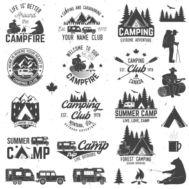 Summer camp. Vector illustration. Concept for shirt or logo, print, stamp or tee Summer camp with design elements. Vector illustration. Concept for shirt or logo, print, stamp or tee. Vintage typography design with rv trailer, camping tent, man with guitar and forest silhouette. mountain clipart stock illustrations