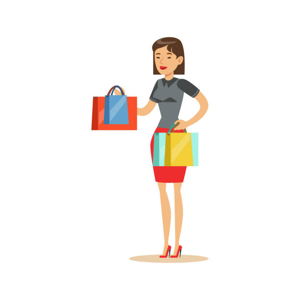 kobieta z odzieżą torby outlet zakupy w domu towarowym, postać z kreskówek zakupu rzeczy w sklepie - shopping supermarket department store women stock illustrations
