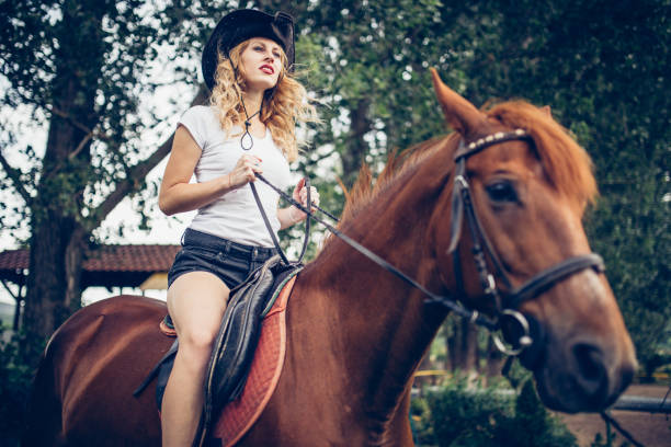 istock Cowgirl on a brown horse 683370010
